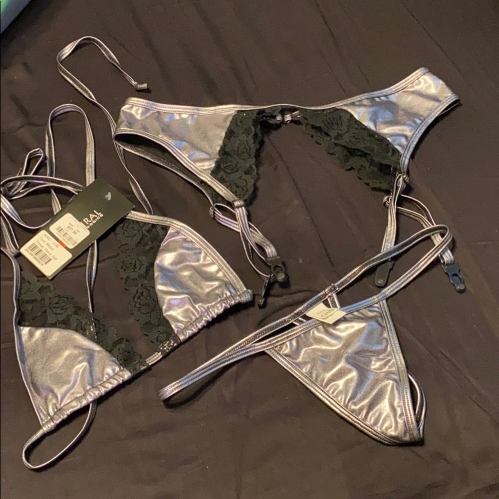 Bra, thong, garter set.